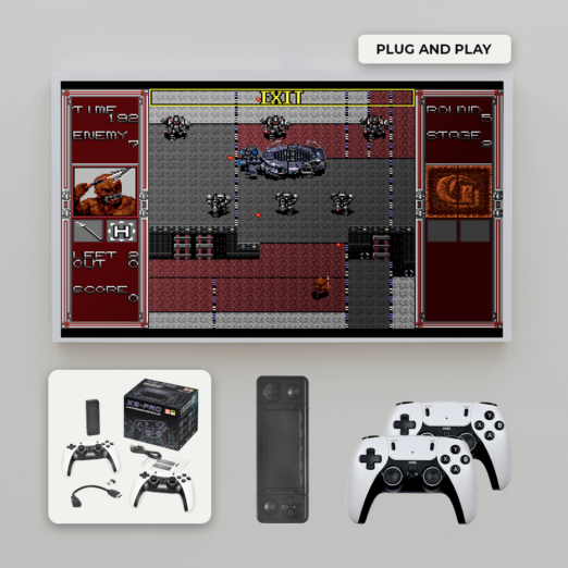 A setup showing the X9 PRO connected to a TV displaying a retro game with a classic 2D arcade interface Below the TV the package contents are displayed including the X9 PRO device two white controllers and the devices box The Plug and Play label emphasizes its ease of use for immediate gaming