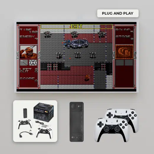 A setup showing the X9 PRO connected to a TV displaying a retro game with a classic 2D arcade interface Below the TV the package contents are displayed including the X9 PRO device two white controllers and the devices box The Plug and Play label emphasizes its ease of use for immediate gaming