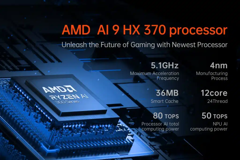 Nahaufnahme des AMD AI 9 HX 370 Prozessors mit den wichtigsten Merkmalen wie 5,1 GHz Beschleunigungsfrequenz, 36 MB Smart Cache, 12 Kerne mit 24 Threads und 4nm-Fertigungsprozess für verbesserte Spieleleistung.