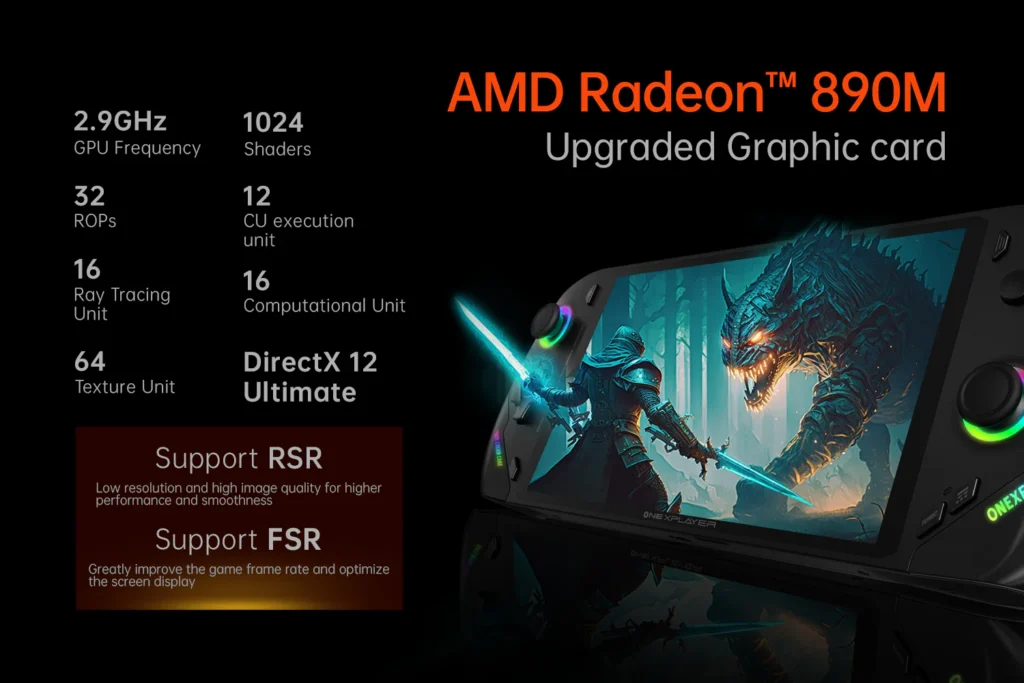 Specifications of the AMD Radeon 890M GPU, emphasizing features like 1024 shaders, 16 ray tracing units, DirectX 12 Ultimate support, and performance optimization through RSR and FSR technologies, with an action-packed game scene displayed on the ONEXFLY F1 Pro.