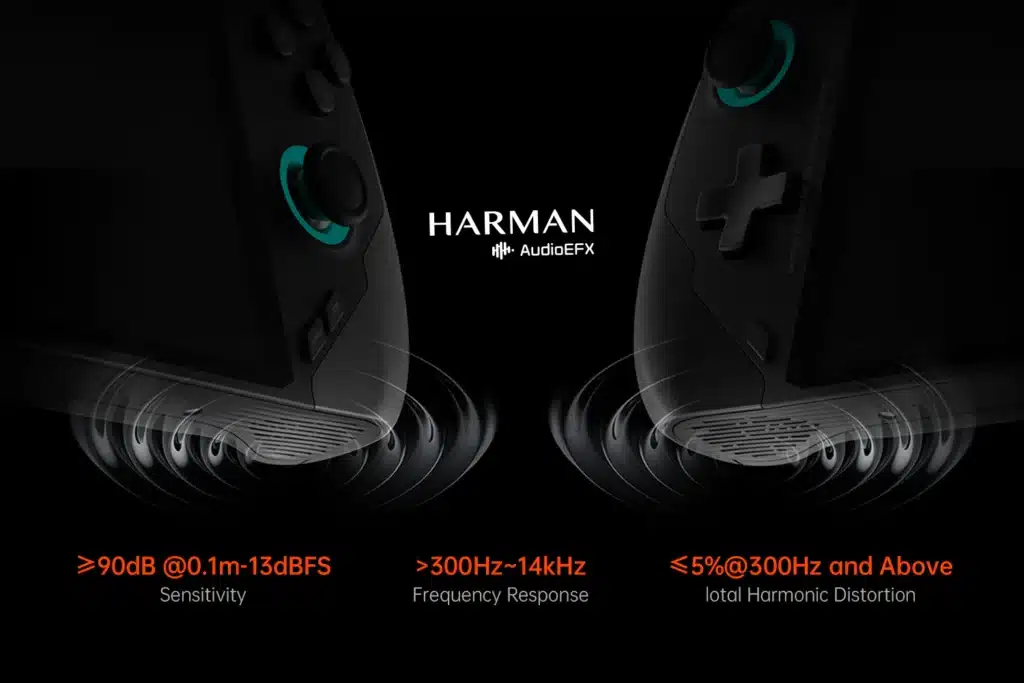 Close-up view of the ONEXFLY F1 Pro's dual speakers with Harman AudioEFX technology, showcasing excellent sound quality with ></noscript>90dB sensitivity, 300Hz-14kHz frequency response, and minimal harmonic distortion.” class=”wp-image-188060″/></a></figure></div>

<div class=