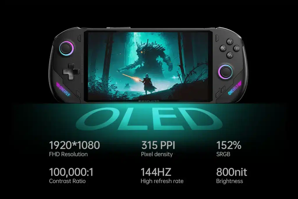 ONEXFLY F1 Pro handheld device with an OLED display, featuring a 1920x1080 FHD resolution, 315 PPI pixel density, 144Hz refresh rate, and 800 nit brightness, providing an immersive gaming experience against a vibrant fantasy-themed game backdrop.