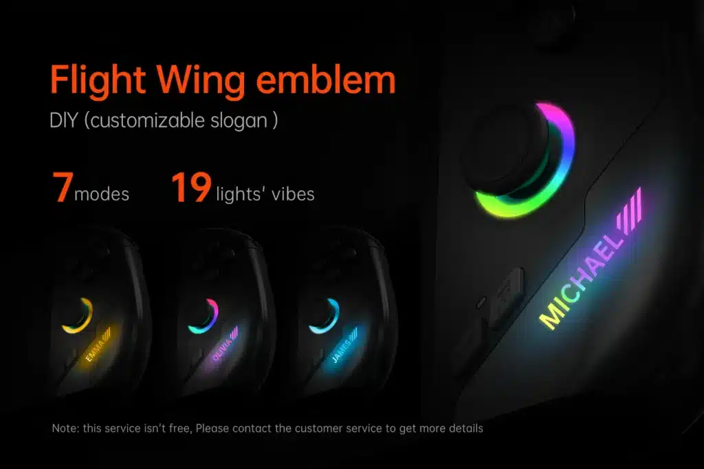 ONEXFLY F1 Pro with customizable Flight Wing emblem lighting, offering 7 modes and 19 lighting effects. Example names like Emma, Olivia, James, and Michael are displayed with vibrant RGB lighting.