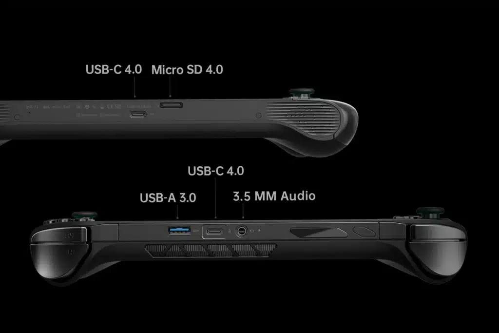 Vues latérales et inférieures du ONEXFLY F1 Pro, présentant les options de connectivité, notamment l'USB-C 4.0, l'USB-A 3.0, l'emplacement Micro SD 4.0 et la prise audio 3,5 mm, mettant l'accent sur la polyvalence pour divers périphériques.