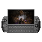 The image shows a GPD WIN 4 2025 model, a portable handheld gaming device. It features a landscape-oriented screen with game graphics displayed. The device includes integrated game controller buttons on the sides, a QWERTY keyboard below the screen, and thumbsticks for precise input. Its compact design emphasizes mobility and versatility for gaming and productivity on the go.