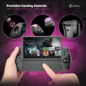 The GPD WIN 4 (2025) showcases its Precision Gaming Controls, designed for an immersive and versatile gaming experience. Key highlights include: ALPS 3D Joysticks with L3/R3 support for accurate and responsive gameplay. L1/R1 triggers featuring customizable RGB lighting for added style and functionality. 2 Programmable Back Buttons with an ergonomic 27-degree angle for seamless access during intense gaming sessions. The image also emphasizes the slide-up QWERTY keyboard, perfect for chatting and multitasking in-game, paired with a vivid display showing Assassin’s Creed Valhalla and a comprehensive game library. The tagline reinforces the advanced control options, making the device an ideal portable gaming companion.