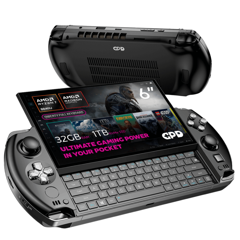 A close-up of the GPD WIN 4 (2025), highlighting the AMD Ryzen 7 8840U processor and AMD Radeon 780M Graphics. It features 32GB RAM and a 1TB NVMe SSD. The tagline reads, "Ultimate Gaming Power in Your Pocket", emphasizing its portable design.