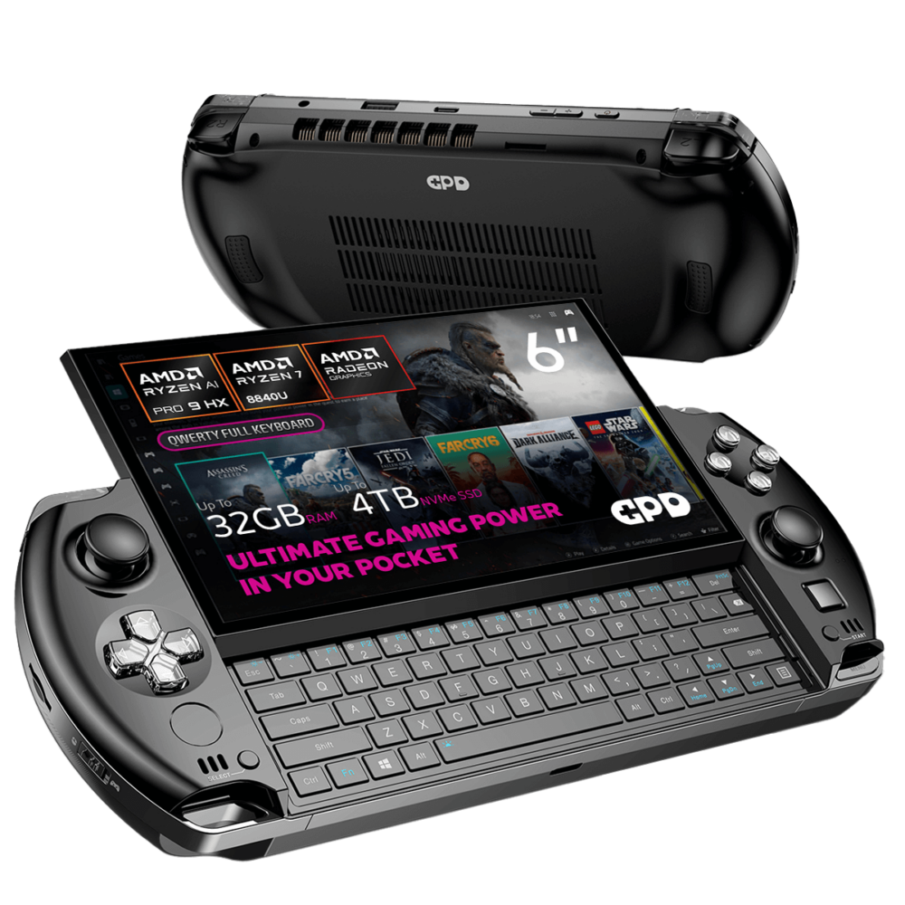 A sleek gaming handheld device with a 6" Full HD touchscreen display showcasing its compact QWERTY keyboard and powerful specs. Features include AMD Ryzen AI Pro 9 HX processor, up to 32GB RAM, and 4TB NVMe SSD storage. Highlighted text reads, "Ultimate Gaming Power in Your Pocket."