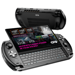 A sleek gaming handheld device with a 6" Full HD touchscreen display showcasing its compact QWERTY keyboard and powerful specs. Features include AMD Ryzen AI Pro 9 HX processor, up to 32GB RAM, and 4TB NVMe SSD storage. Highlighted text reads, "Ultimate Gaming Power in Your Pocket."