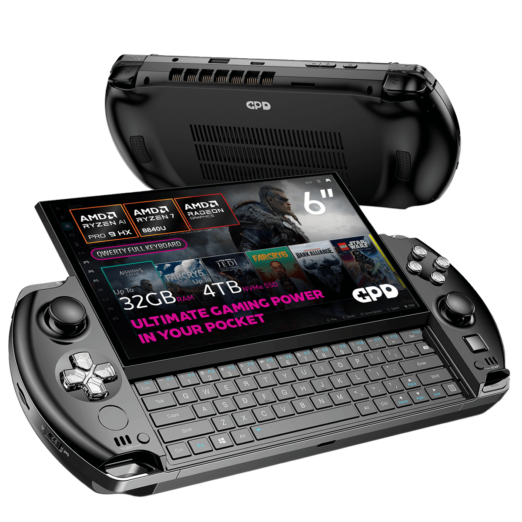 A sleek gaming handheld device with a 6 Full HD touchscreen display showcasing its compact QWERTY keyboard and powerful specs Features include AMD Ryzen AI Pro 9 HX processor up to 32GB RAM and 4TB NVMe SSD storage Highlighted text reads Ultimate Gaming Power in Your Pocket
