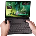 Image of the GPD Win Max 2 2025 handheld PC featuring a 101 inch 25K touchscreen display Key specifications include AMD Ryzen AI Pro 9 HX CPU AMD Radeon Graphics 64GB RAM and 4TB M2 SSD storage The display shows a futuristic gaming scene with a sci fi theme emphasizing its advanced performance and immersive experience