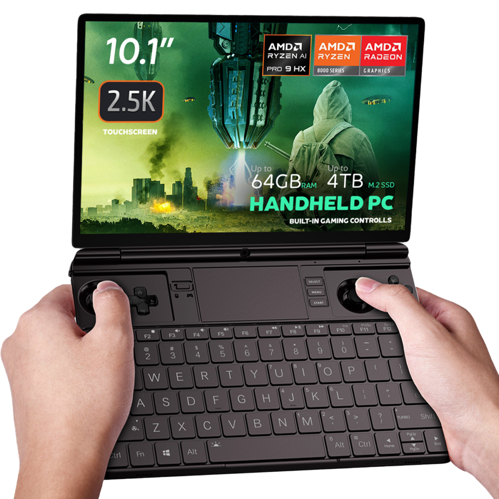 Image of the GPD Win Max 2 2025, a handheld gaming PC with a 10.1-inch 2.5K touchscreen display. It features AMD Ryzen AI Pro 9 HX and Radeon 8000 Series graphics. The device boasts up to 64GB RAM and up to 4TB M.2 SSD storage, with built-in gaming controls and a full QWERTY keyboard. The screen displays a futuristic gaming scene with vibrant visuals, emphasizing its advanced performance capabilities.