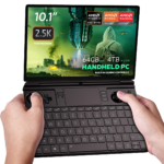 Image of the GPD Win Max 2 2025, a handheld gaming PC with a 10.1-inch 2.5K touchscreen display. It features AMD Ryzen AI Pro 9 HX and Radeon 8000 Series graphics. The device boasts up to 64GB RAM and up to 4TB M.2 SSD storage, with built-in gaming controls and a full QWERTY keyboard. The screen displays a futuristic gaming scene with vibrant visuals, emphasizing its advanced performance capabilities.