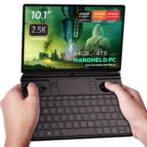 Image of the GPD Win Max 2 2025, a handheld gaming PC with a 10.1-inch 2.5K touchscreen display. It features AMD Ryzen AI Pro 9 HX and Radeon 8000 Series graphics. The device boasts up to 64GB RAM and up to 4TB M.2 SSD storage, with built-in gaming controls and a full QWERTY keyboard. The screen displays a futuristic gaming scene with vibrant visuals, emphasizing its advanced performance capabilities.