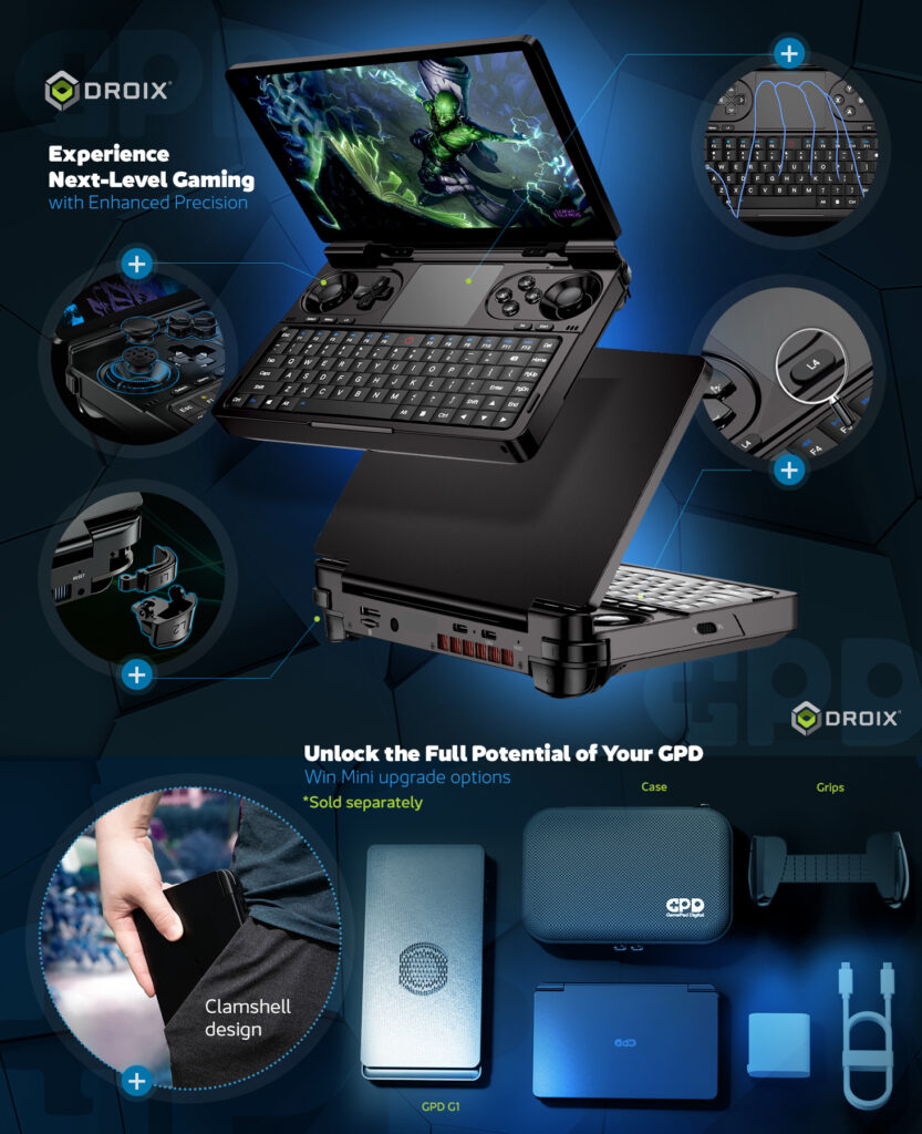 A detailed overview of the GPD Win Mini 2025, highlighting its Hall Effect joysticks, detachable triggers, programmable macro keys, and multi-touch touchpad. Includes upgrade options like a clamshell protective case, grips, and the GPD G1 eGPU dock (sold separately) to unlock its full potential.