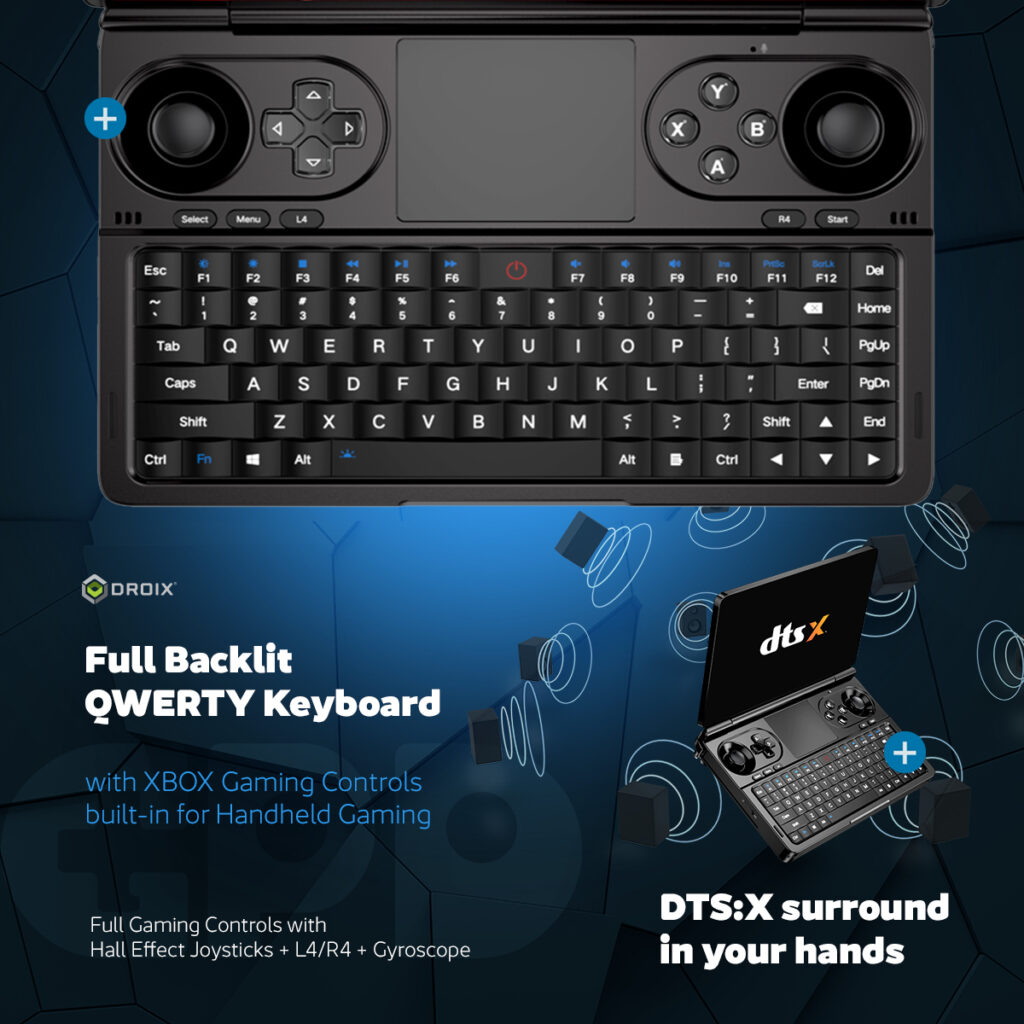 The GPD Win Mini 2025 features a full backlit QWERTY keyboard with integrated Xbox gaming controls, Hall Effect joysticks, L4/R4 macro keys, and gyroscope functionality. Includes DTS:X surround sound, providing an immersive audio experience for handheld gaming.