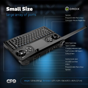 "Infographic displaying the GPD Win Mini 2025 with a comprehensive port layout, including USB4 Type-C, full-function USB Type-C, USB-A, microSD card slot, combo audio jack, and programmable macro keys. Highlights dimensions of 6.77 × 4.29 × 1.06 inches (17.2 × 10.9 × 2.7 cm) and lightweight design at 555g (1.22 lbs)."