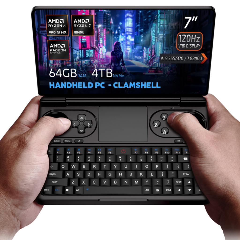 Hands holding the GPD Win Mini 2025, a clamshell handheld PC with a 7-inch 120Hz VRR display, powered by AMD Ryzen AI 9 HX 365/370 or Ryzen 7 8840U processors. Featuring up to 64GB RAM and 4TB NVMe storage, it is optimized for gaming and productivity with Hall Effect joysticks, a full QWERTY keyboard, and stunning cyberpunk-themed visuals on the screen.