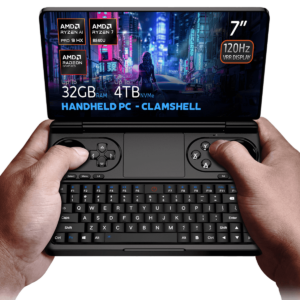 Hands holding the GPD Win Mini 2025, a clamshell handheld PC with a 7-inch 120Hz VRR display, powered by AMD Ryzen AI 9 HX 365/370 or Ryzen 7 8840U processors. Featuring up to 64GB RAM and 4TB NVMe storage, it is optimized for gaming and productivity with Hall Effect joysticks, a full QWERTY keyboard, and stunning cyberpunk-themed visuals on the screen.