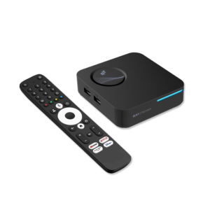 A sleek black RockTek GX1 set-top box with a glowing LED strip, accompanied by a modern Bluetooth remote control featuring dedicated streaming service buttons.