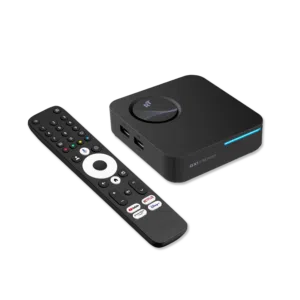 A sleek black RockTek GX1 set-top box with a glowing LED strip, accompanied by a modern Bluetooth remote control featuring dedicated streaming service buttons.