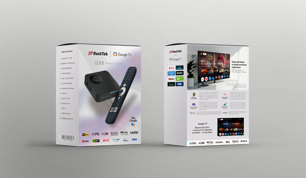 A dual-sided view of the RockTek GX1 packaging box, showcasing its sleek design and highlighting key features. The front side displays the device and Bluetooth remote with icons for supported features like Dolby Vision, Dolby Atmos, WiFi 6, and HDMI. The back side illustrates the Google TV interface on a large screen, emphasizing its support for streaming apps like Netflix, Prime Video, Hulu, and YouTube, along with advanced specifications and smart features.