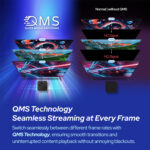 An illustration of the Quick Media Switching (QMS) technology in action, demonstrating smooth transitions between different frame rates without blackouts during playback.