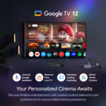 A user-friendly interface display of Google TV 12, highlighting curated content recommendations, live TV, casting capabilities, and voice control with Google Assistant.