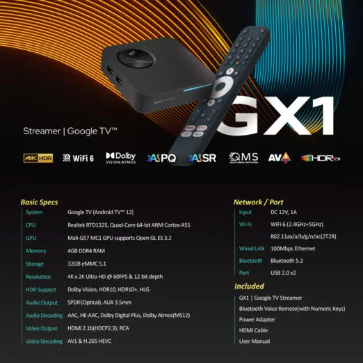 A specifications infographic for the RockTek GX1, detailing key features like 4K resolution, Dolby Vision, HDR support, AV1 codec, and included accessories.