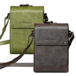 A side by side display of two AYANEO leather crossbody bags in green and brown Both bags are minimalist in design with embossed branding and adjustable straps