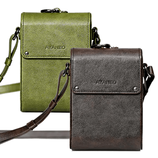 A side by side display of two AYANEO leather crossbody bags in green and brown Both bags are minimalist in design with embossed branding and adjustable straps