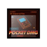 AYANEODMGSCREENPROTECTORDONE01 DROIX Global AYANEO Pocket DMG Screen Protector packaging with a retro themed design featuring an illustration of a handheld gaming console and the text AYANEO HD Tempered Film in vibrant colors