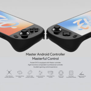 Close-up view of the AYANEO Pocket EVO’s Master Android Controller featuring high-precision joysticks, customizable button configurations, and advanced gaming control features.