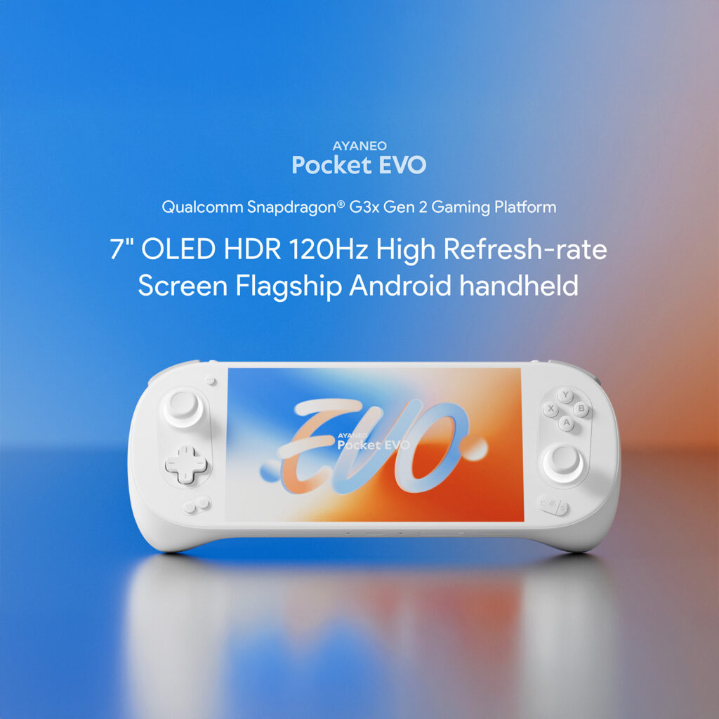 AYANEO Pocket EVO in white, featuring a 7-inch OLED HDR 120Hz screen and Snapdragon G3x Gen 2 gaming platform, displayed against a gradient blue-to-orange background.