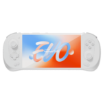AYANEO Pocket EVO handheld gaming console with a sleek white design and a vibrant 7 inch OLED display showcasing the AYANEO Pocket EVO logo in a dynamic red white and blue gradient
