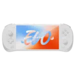 AYANEOPOCKETEVOWHITELISTING01 DROIX Global AYANEO Pocket EVO handheld gaming console with a sleek white design and a vibrant 7 inch OLED display showcasing the AYANEO Pocket EVO logo in a dynamic red white and blue gradient