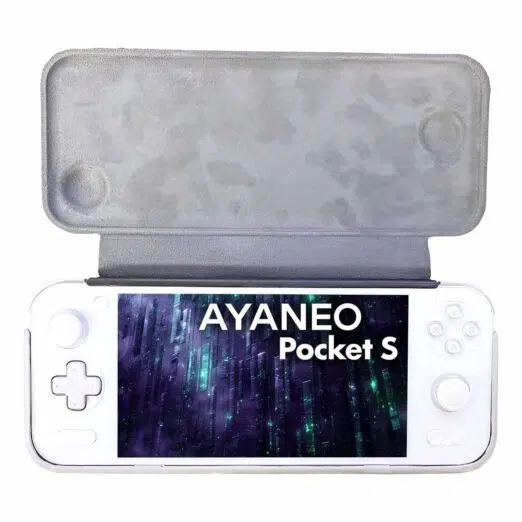 "AYANEO Pocket S Case open, revealing the inner lining designed to prevent scratches, with the device securely placed inside for optimal protection.