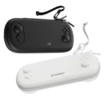 AYANEO Pocket EVO Cases in black and white variants featuring a sleek and ergonomic design with a detachable strap for easy carrying The cases are shaped to protect the device with a texture that ensures durability and style