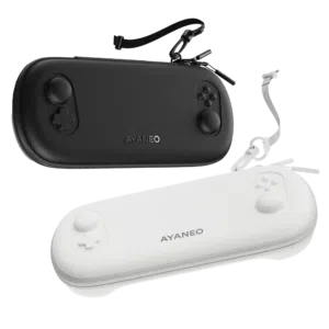 AYANEO Pocket EVO Cases in black and white variants, featuring a sleek and ergonomic design with a detachable strap for easy carrying. The cases are shaped to protect the device, with a texture that ensures durability and style