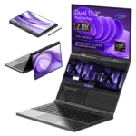 A sleek dual-screen laptop with a 13.3-inch OLED display showcasing its versatile 3-in-1 design. The image highlights the laptop's secondary touchscreen, usable for video input via USB-C, and its AI-powered AMD Ryzen 9 processor. The device is displayed in different configurations, including a traditional laptop mode, tent mode, and tablet mode, with a stylus for added functionality.