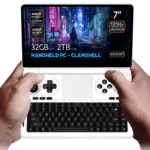 Hands holding the white variant of the GPD Win Mini 2025 a sleek clamshell handheld PC with a 7 inch 120Hz VRR display AMD Ryzen AI Pro 9 HX processor AMD Radeon Graphics 32GB RAM and 2TB NVMe storage set against a futuristic cyberpunk themed background