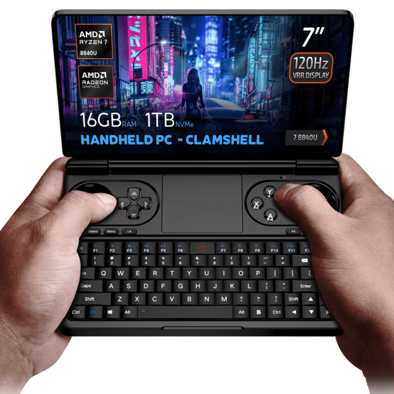 Hands holding the GPD Win Mini 2025, a compact clamshell handheld PC with a 7-inch 120Hz VRR display, AMD Ryzen 7 8840U processor, AMD Radeon Graphics, 16GB RAM, and 1TB NVMe storage, displayed against a futuristic cyberpunk background.