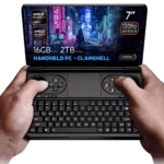 Hands holding the GPD Win Mini 2025, a compact clamshell handheld PC with a 7-inch 120Hz VRR display, AMD Ryzen 7 8840U processor, AMD Radeon Graphics, 16GB RAM, and 2TB NVMe storage, displayed against a futuristic cyberpunk background.