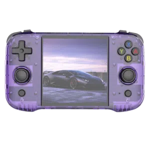 A front-facing view of the R46S gaming handheld in a transparent purple design. The layout includes a D-pad, analog sticks, colorful XYAB buttons, and the screen displaying a sports car against a scenic backdrop.
