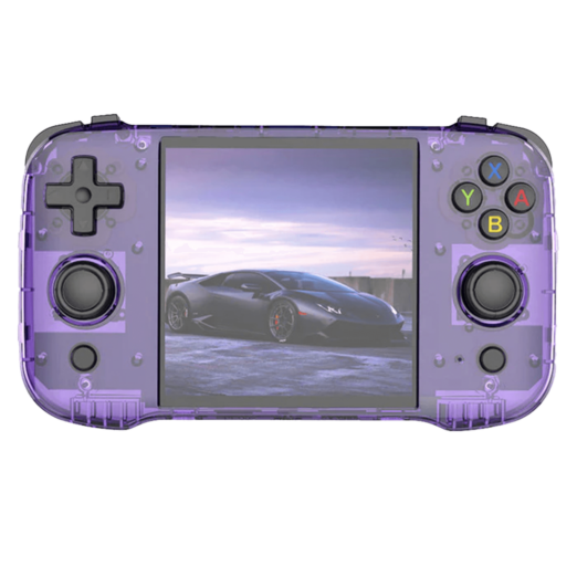 A front facing view of the R46S gaming handheld in a transparent purple design The layout includes a D pad analog sticks colorful XYAB buttons and the screen displaying a sports car against a scenic backdrop