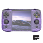 A purple transparent R46S gaming console with colorful buttons featuring a sports car on the screen and a 128GB microSD card icon in the corner