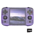 R46SPURPLELISTINGDONE128GB01 DROIX Global A purple transparent R46S gaming console with colorful buttons featuring a sports car on the screen and a 128GB microSD card icon in the corner
