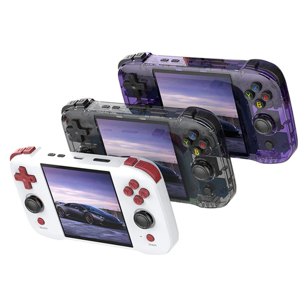 Three color variants of the gaming handheld device: white with red accents, transparent black, and transparent purple, each displaying a car on the screen.