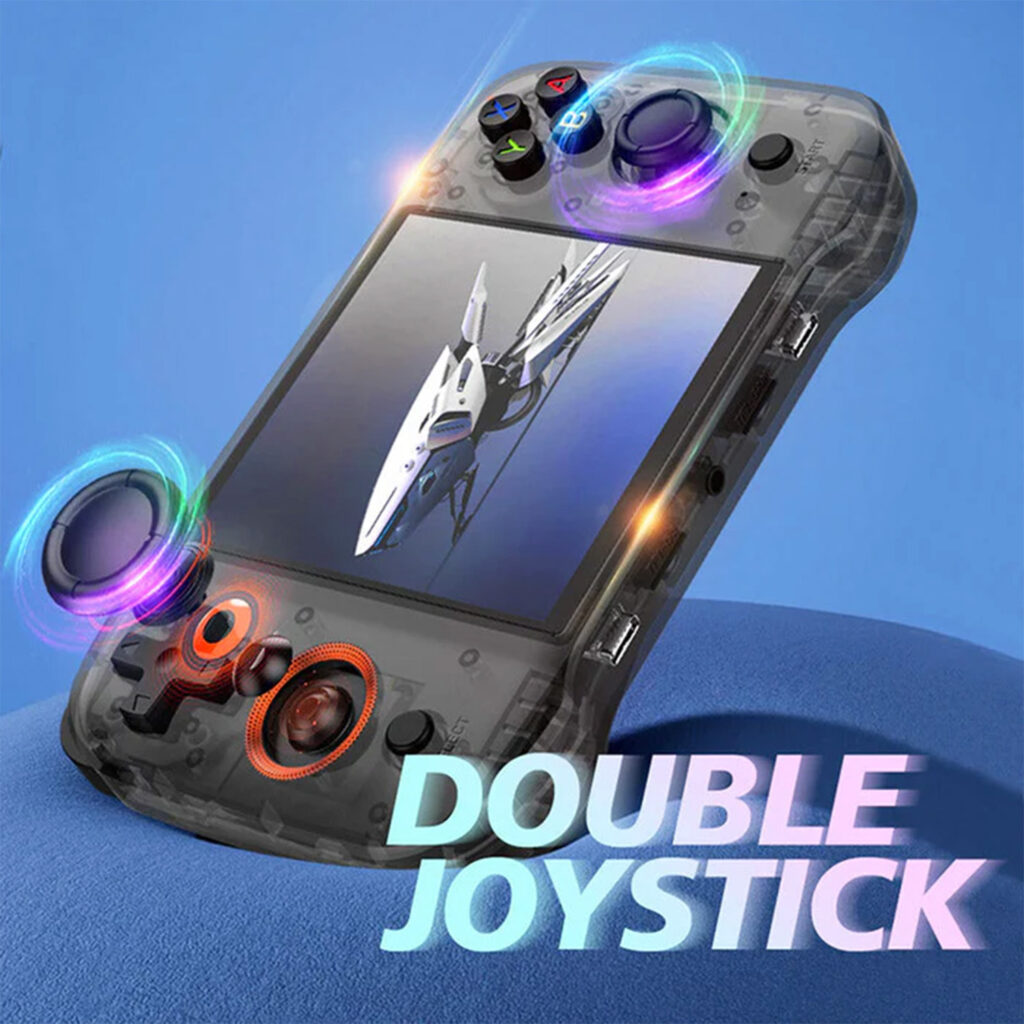 The handheld device positioned vertically, emphasizing its double joystick setup with colorful lighting effects around the joysticks.