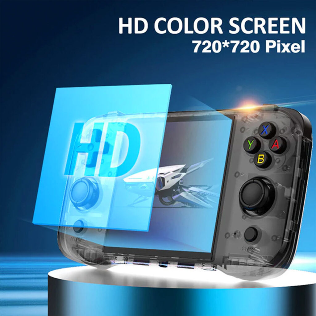 A gaming handheld device with a clear casing, featuring an HD color screen with a 720x720 pixel resolution. A transparent HD screen protector is shown above the screen.